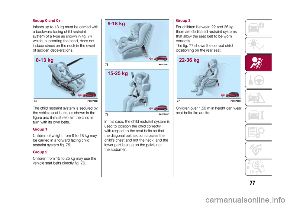 FIAT 500L LIVING 2015 2.G Owners Manual Group 0 and 0+Infants up to 13 kg must be carried with
a backward facing child restraint
system of a type as shown in fig. 74
which, supporting the head, does not
induce stress on the neck in the even FIAT 500L LIVING 2015 2.G Owners Manual Group 0 and 0+Infants up to 13 kg must be carried with
a backward facing child restraint
system of a type as shown in fig. 74
which, supporting the head, does not
induce stress on the neck in the even