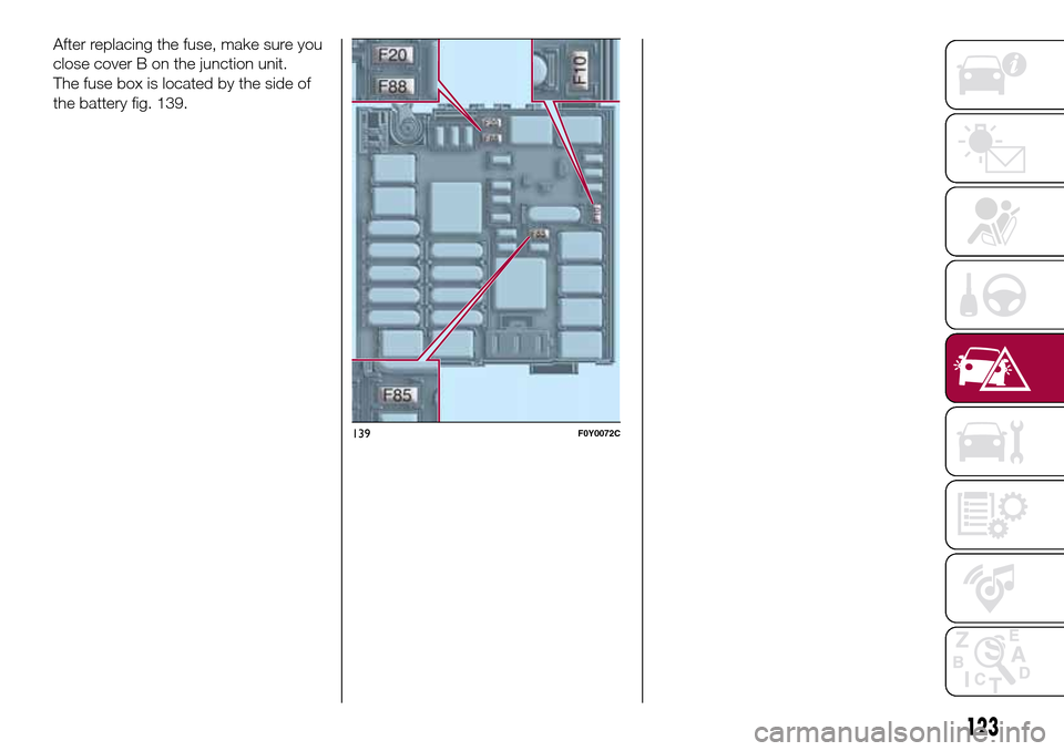 FIAT 500L LIVING 2017 2.G Owners Manual After replacing the fuse, make sure you
close cover B on the junction unit.
The fuse box is located by the side of
the battery fig. 139.
139F0Y0072C
123 