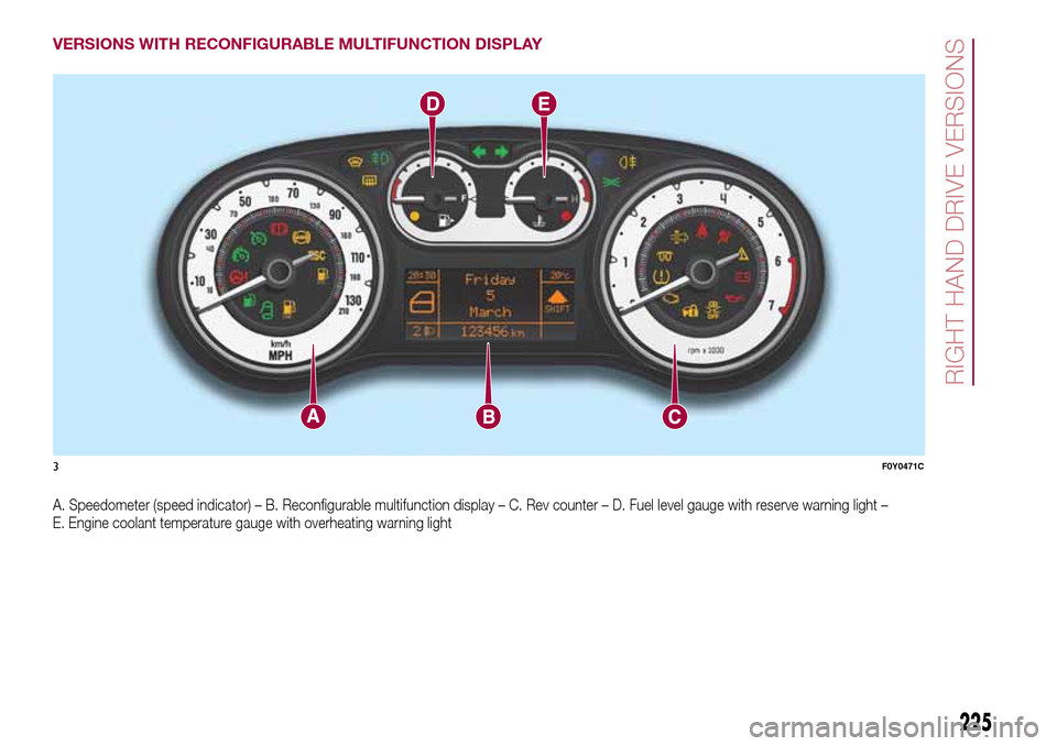 FIAT 500L LIVING 2017 2.G Owners Manual VERSIONS WITH RECONFIGURABLE MULTIFUNCTION DISPLAY
A. Speedometer (speed indicator) – B. Reconfigurable multifunction display – C. Rev counter – D. Fuel level gauge with reserve warning light 