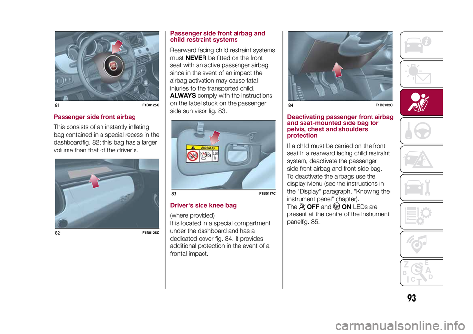 FIAT 500X 2015 2.G Owners Manual Passenger side front airbagThis consists of an instantly inflating
bag contained in a special recess in the
dashboardfig. 82; this bag has a larger
volume than that of the drivers.
Passenger side fro