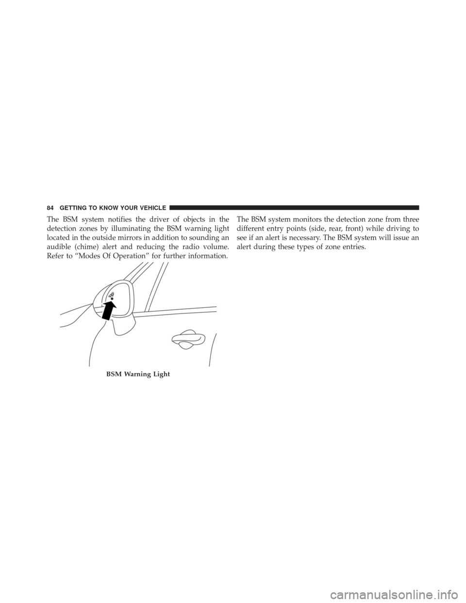 FIAT 500X 2016 2.G Owners Manual The BSM system notifies the driver of objects in the
detection zones by illuminating the BSM warning light
located in the outside mirrors in addition to sounding an
audible (chime) alert and reducing 