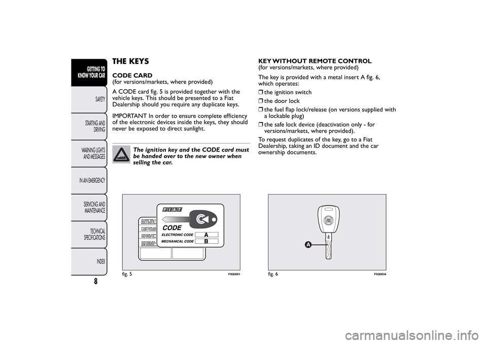 FIAT BRAVO 2014 2.G Owners Manual THE KEYSCODE CARD
(for versions/markets, where provided)
A CODE card fig. 5 is provided together with the
vehicle keys. This should be presented to a Fiat
Dealership should you require any duplicate k
