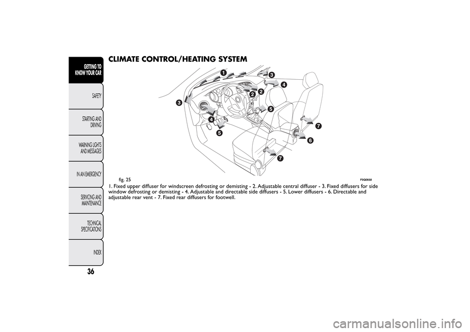 FIAT BRAVO 2014 2.G Owners Manual CLIMATE CONTROL/HEATING SYSTEM1. Fixed upper diffuser for windscreen defrosting or demisting - 2. Adjustable central diffuser - 3. Fixed diffusers for side
window defrosting or demisting - 4. Adjustab