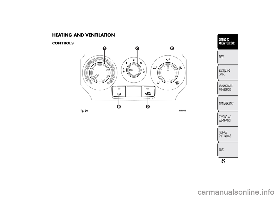 FIAT BRAVO 2014 2.G Owners Manual HEATING AND VENTILATIONCONTROLS
fig. 30
F0Q0609
39GETTING TO
KNOW YOUR CARSAFETY
STARTING AND
DRIVING
WARNING LIGHTS
AND MESSAGES
IN AN EMERGENCY
SERVICING AND
MAINTENANCE
TECHNICAL
SPECIFICATIONS
IND