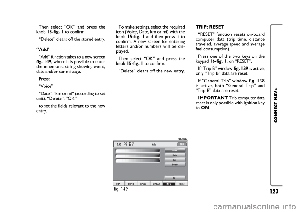 FIAT CROMA 2005 2.G Connect NavPlus Manual 123
CONNECT NAV+
Then select “OK” and press the
knob 15-fig. 1to confirm.
“Delete” clears off the stored entry.
“Add”
“Add” function takes to a new screen
fig. 149, where it is possibl