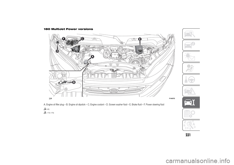 FIAT DUCATO 2014 3.G Owners Manual 180 MultiJet Power versionsA. Engine oil filler plug – B. Engine oil dipstick – C. Engine coolant – D. Screen washer fluid – E. Brake fluid – F. Power steering fluid
46)175) 176)239
F1A0372
