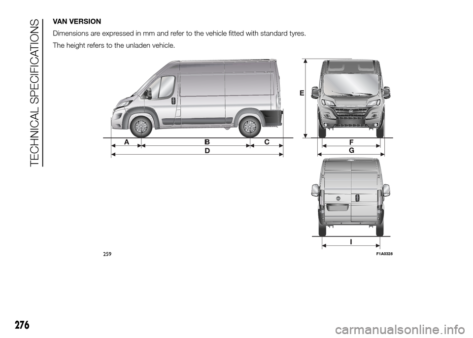 FIAT DUCATO 2015 3.G Owners Manual V
Dimensions
The
259F1A0328
276
TECHNICAL 