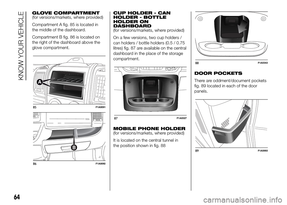 FIAT DUCATO 2015 3.G Owners Manual GLOVE COMPARTMENT
(for versions/markets, where provided)
Compartment A fig. 85 is located in
the middle of the dashboard.
Compartment B fig. 86 is located on
the right of the dashboard above the
glove