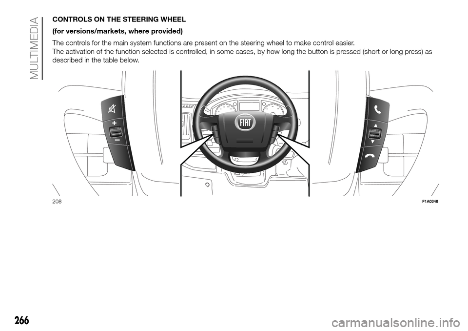 FIAT DUCATO 2016 3.G Owners Manual CONTROLS ON THE STEERING WHEEL
(for versions/markets, where provided)
The controls for the main system functions are present on the steering wheel to make control easier.
The activation of the functio