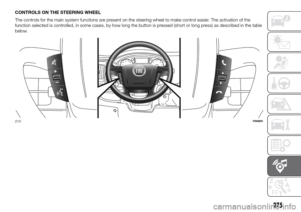 FIAT DUCATO 2016 3.G Owners Manual CONTROLS ON THE STEERING WHEEL
The controls for the main system functions are present on the steering wheel to make control easier. The activation of the
function selected is controlled, in some cases