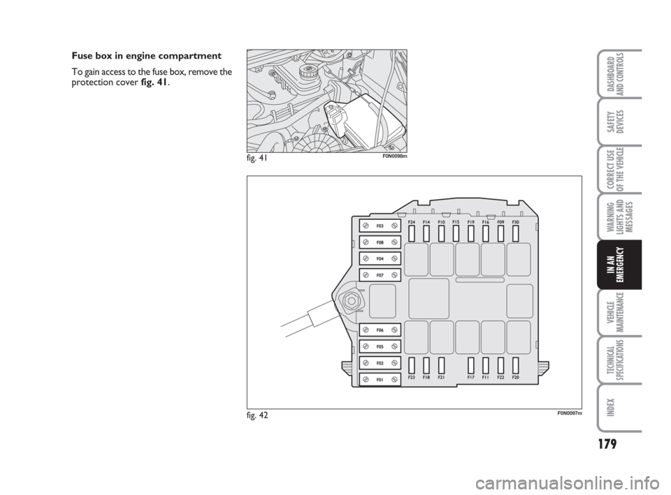 FIAT DUCATO 2009 3.G Owners Manual 179
WARNING
LIGHTS AND
MESSAGES
VEHICLE
MAINTENANCE
TECHNICAL
SPECIFICATIONS
INDEX
DASHBOARD
AND CONTROLS
SAFETY
DEVICES
CORRECT USE
OF THE 
VEHICLE
IN AN
EMERGENCY
fig. 42F0N0097m
fig. 41F0N0098m
Fus