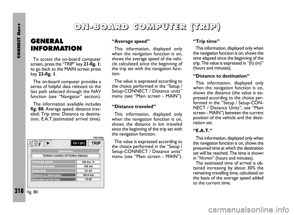 FIAT DUCATO 244 2002 3.G Connect NavPlus Manual CONNECT Nav+
218
GENERAL
INFORMATION
To access the on-board computer
screen, press the “TRIP” key 21-fig. 1;
to go back to the MAIN screen press
key 23-fig. 1.
The on-board computer provides a
ser