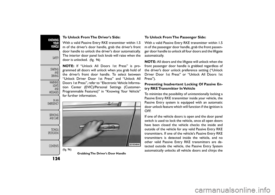 FIAT FREEMONT 2015 1.G Owners Manual To Unlock From The Drivers Side:
With a valid Passive Entry RKE transmitter within 1.5
m of the drivers door handle, grab the drivers front
door handle to unlock the drivers door automatically.
Th