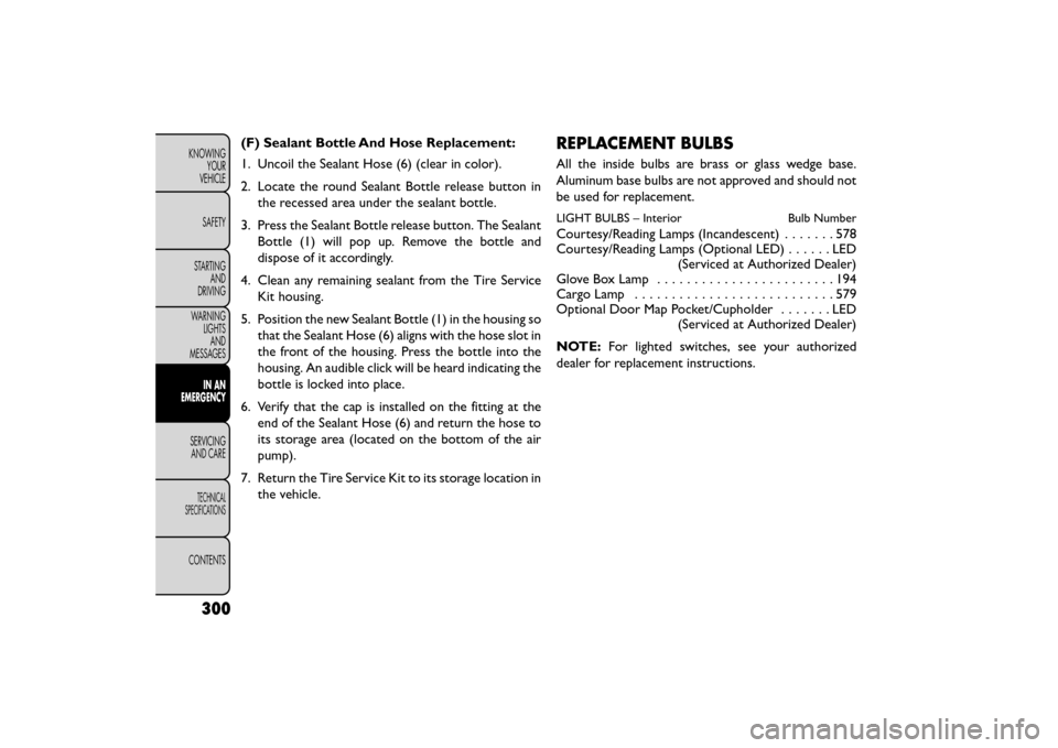 FIAT FREEMONT 2015 1.G Owners Manual (F) Sealant Bottle And Hose Replacement:
1. Uncoil the Sealant Hose (6) (clear in color).
2. Locate the round Sealant Bottle release button inthe recessed area under the sealant bottle.
3. Press the S