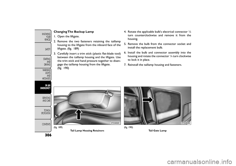 FIAT FREEMONT 2015 1.G Owners Manual Changing The Backup Lamp
1. Open the liftgate.
2. Remove the two fasteners retaining the taillamphousing to the liftgate from the inboard face of the
liftgate. (fig. 189)
3. Carefully insert a trim st