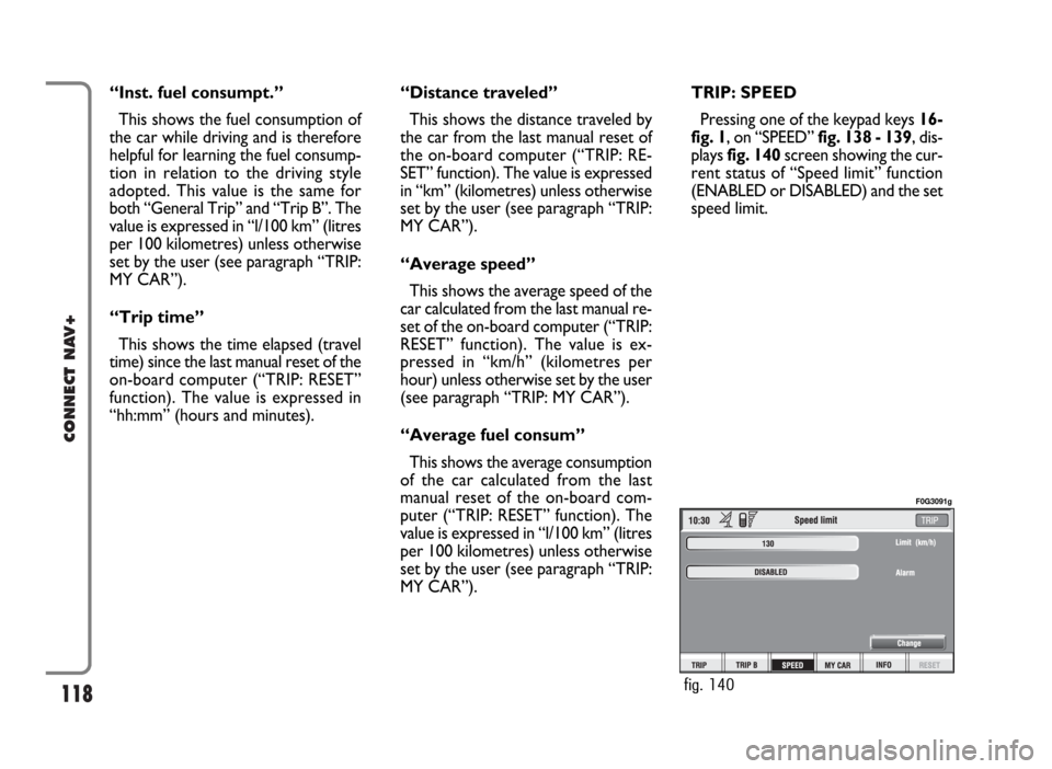 FIAT IDEA 2006 1.G Connect NavPlus Manual 118
CONNECT NAV+
“Inst. fuel consumpt.” 
This shows the fuel consumption of
the car while driving and is therefore
helpful for learning the fuel consump-
tion in relation to the driving style
adop