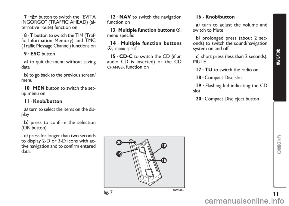 FIAT MULTIPLA 2004 1.G Connect NavPlus Manual 11
CONNECT NAV
NAVIGATOR
7-kbutton to switch the “EVITA
INGORGO” (TRAFFIC AHEAD) (al-
ternative route) function on
8 -Tbutton to switch the TIM (Traf-
fic Information Memory) and TMC
(Traffic Mess