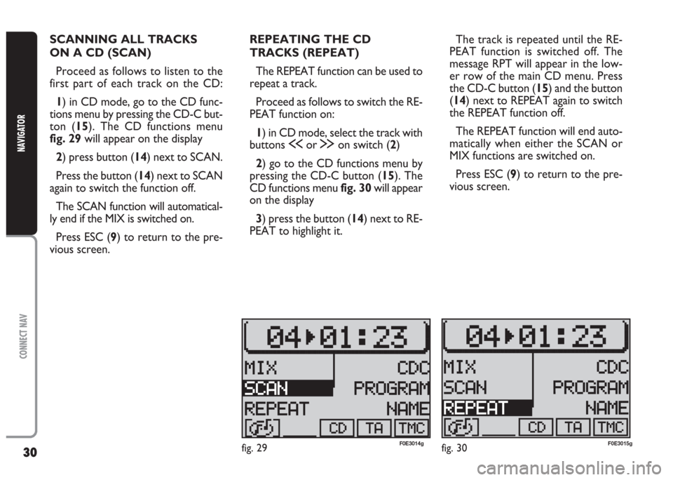 FIAT MULTIPLA 2004 1.G Connect NavPlus Manual 30
CONNECT NAV
NAVIGATOR
SCANNING ALL TRACKS 
ON A CD (SCAN)
Proceed as follows to listen to the
first part of each track on the CD:
1) in CD mode, go to the CD func-
tions menu by pressing the CD-C b