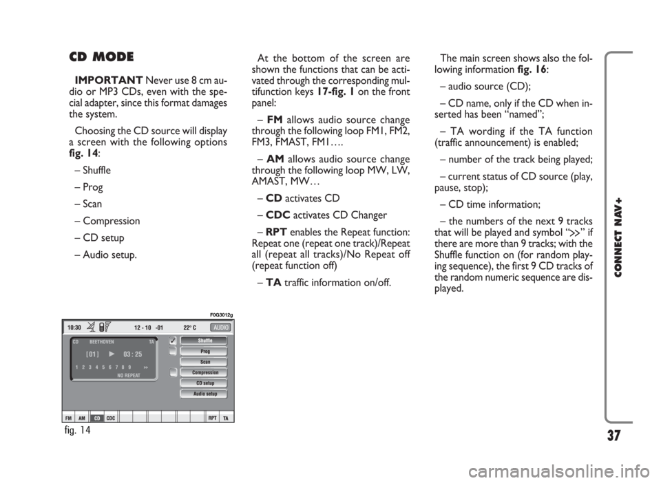 FIAT PANDA 2007 169 / 2.G Connect NavPlus Manual CD MODE
IMPORTANTNever use 8 cm au-
dio or MP3 CDs, even with the spe-
cial adapter, since this format damages
the system.
Choosing the CD source will display
a screen with the following options
fig. 