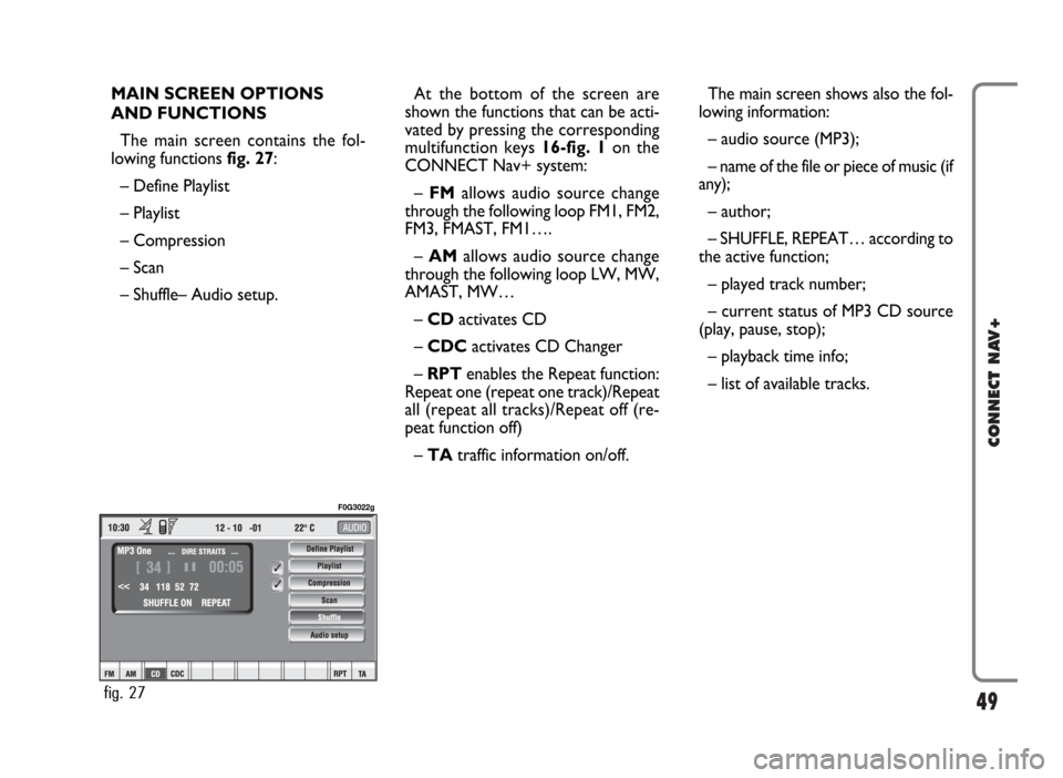 FIAT PANDA 2007 169 / 2.G Connect NavPlus Manual 49
CONNECT NAV+
MAIN SCREEN OPTIONS 
AND FUNCTIONS
The main screen contains the fol-
lowing functions fig. 27:
– Define Playlist
– Playlist
– Compression
– Scan
– Shuffle– Audio setup.At t