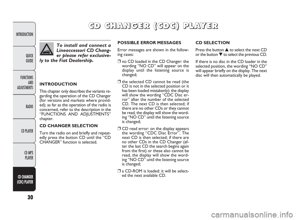 FIAT PANDA 2009 169 / 2.G Radio CD MP3 Manual 30
INTRODUCTION
FUNCTIONS
AND
ADJUSTMENTS
RADIO
CD PLAYER
CD MP3 
PLAYER
CD CHANGER 
(CDC) PLAYER
QUICK
GUIDE
INTRODUCTION
This chapter only describes the variants re-
garding the operation of the CD 