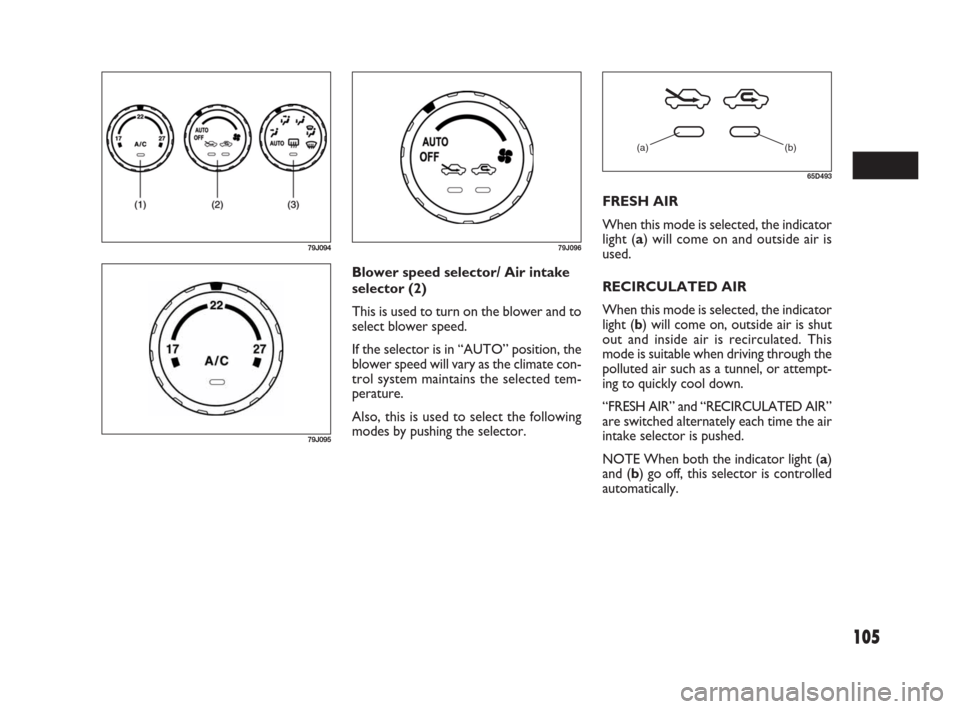 FIAT SEDICI 2007 2.G Owners Manual 105
Blower speed selector/ Air intake
selector (2)
This is used to turn on the blower and to
select blower speed.
If the selector is in “AUTO” position, the
blower speed will vary as the climate c