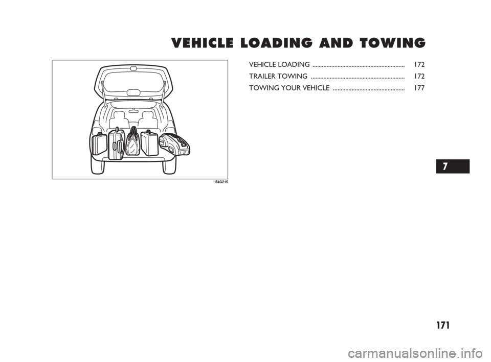 FIAT SEDICI 2007 2.G Owners Manual 171
V V
E E
H H
I I
C C
L L
E E
L L
O O
A A
D D
I I
N N
G G
A A
N N
D D
T T
O O
W W
I I
N N
G G G
54G215
VEHICLE LOADING ........................................................... 172
TRAILER TOWING 