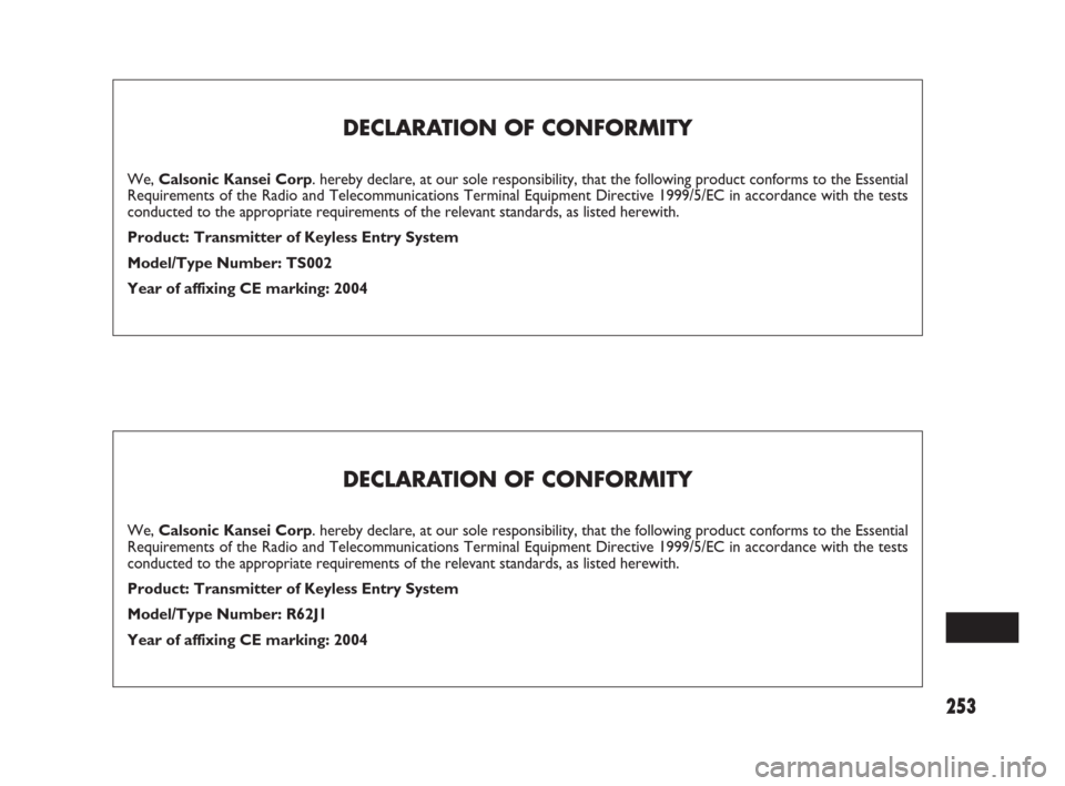 FIAT SEDICI 2007 2.G Owners Manual 253
DECLARATION OF CONFORMITY
We, Calsonic Kansei Corp. hereby declare, at our sole responsibility, that the following product conforms to the Essential
Requirements of the Radio and Telecommunication