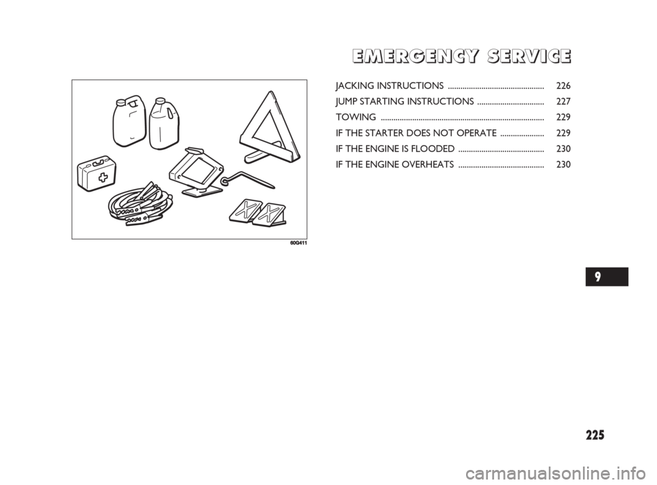 FIAT SEDICI 2008 2.G Owners Manual 225
E E
M M
E E
R R
G G
E E
N N
C C
Y Y
S S
E E
R R
V V
I I
C C
E E
60G411
JACKING INSTRUCTIONS .............................................. 226
JUMP STARTING INSTRUCTIONS ..........................