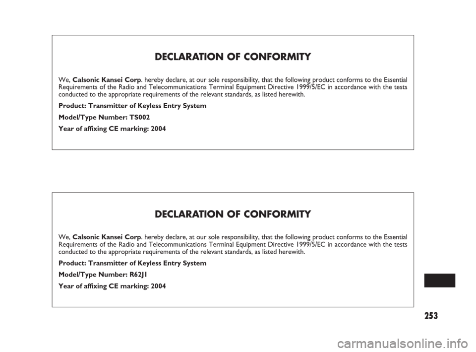 FIAT SEDICI 2008 2.G Owners Manual 253
DECLARATION OF CONFORMITY
We, Calsonic Kansei Corp. hereby declare, at our sole responsibility, that the following product conforms to the Essential
Requirements of the Radio and Telecommunication