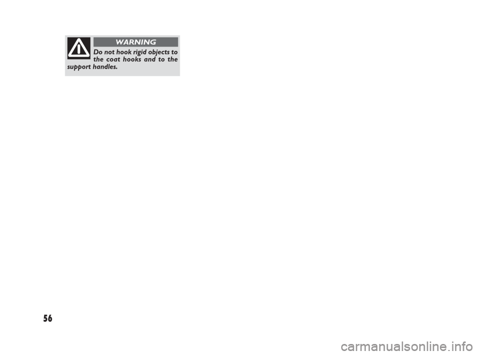 FIAT SEDICI 2008 2.G Owners Manual 56
Do not hook rigid objects to
the coat hooks and to the
support handles.
WARNING
009-056 Fiat16 New GB  3-09-2008  8:41  Pagina 56 