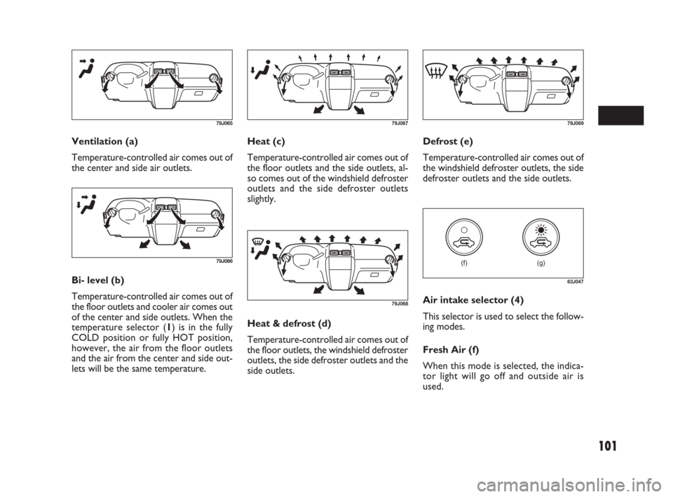 FIAT SEDICI 2009 2.G Owners Manual 101
Heat (c)
Temperature-controlled air comes out of
the floor outlets and the side outlets, al-
so comes out of the windshield defroster
outlets and the side defroster outlets
slightly.Defrost (e)
Te