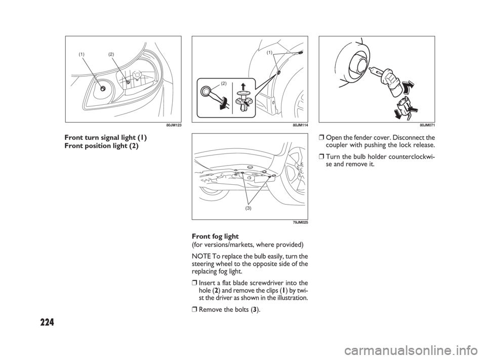 FIAT SEDICI 2009 2.G Owners Manual 224
(1)(2)
80JM123
(1)
(2)
80JM11480JM071
(3)
79JM025
Front turn signal light (1)
Front position light (2)
Front fog light
(for versions/markets, where provided)
NOTE To replace the bulb easily, turn 