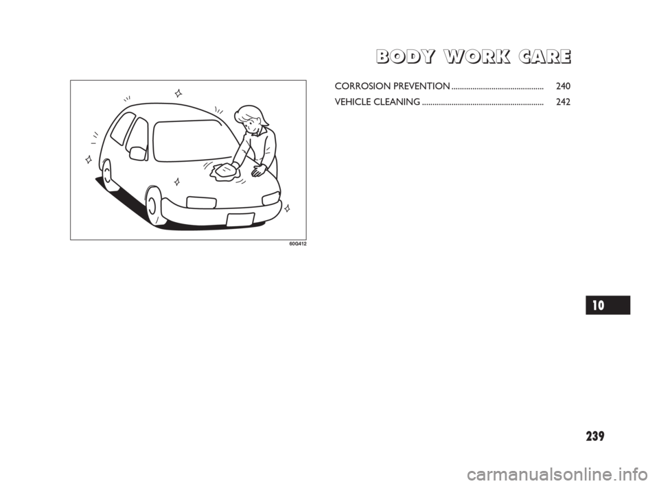 FIAT SEDICI 2009 2.G Owners Manual 239
B B
O O
D D
Y Y
W W
O O
R R
K K
C C
A A
R R
E E
60G412
CORROSION PREVENTION............................................ 240
VEHICLE CLEANING........................................................