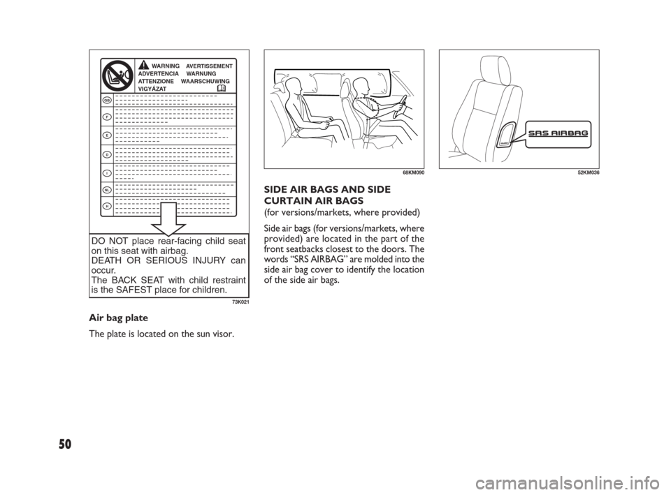 FIAT SEDICI 2009 2.G Owners Manual SIDE AIR BAGS AND SIDE
CURTAIN AIR BAGS 
(for versions/markets, where provided)
Side air bags (for versions/markets, where
provided) are located in the part of the
front seatbacks closest to the doors