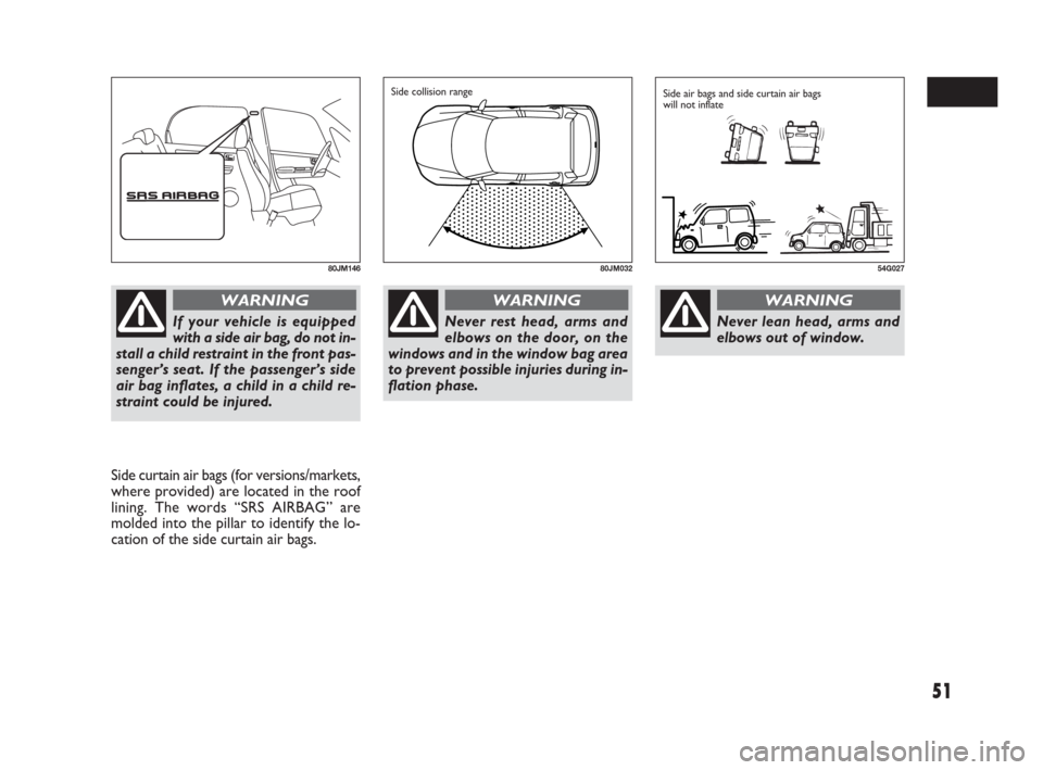 FIAT SEDICI 2009 2.G Owners Manual 51
Side curtain air bags (for versions/markets,
where provided) are located in the roof
lining. The words “SRS AIRBAG” are
molded into the pillar to identify the lo-
cation of the side curtain air