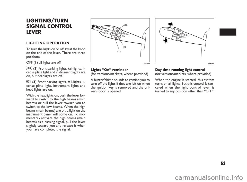 FIAT SEDICI 2009 2.G Owners Manual 63
Lights “On” reminder
(for versions/markets, where provided)
A buzzer/chime sounds to remind you to
turn off the lights if they are left on when
the ignition key is removed and the dri-
ver’s FIAT SEDICI 2009 2.G Owners Manual 63
Lights “On” reminder
(for versions/markets, where provided)
A buzzer/chime sounds to remind you to
turn off the lights if they are left on when
the ignition key is removed and the dri-
ver’s