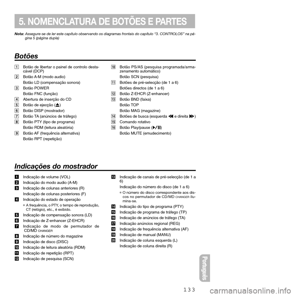 FIAT SEICENTO 2001 1.G Clarion PU2312 Manual Nota:Assegure-se de ler este capítulo observando os diagramas frontais do capítulo “3. CONTROLOS” na pá-
gina 5 (página dupla)
Botões
133
5. NOMENCLATURA DE BOTÕES E PARTES
Português
1Botã