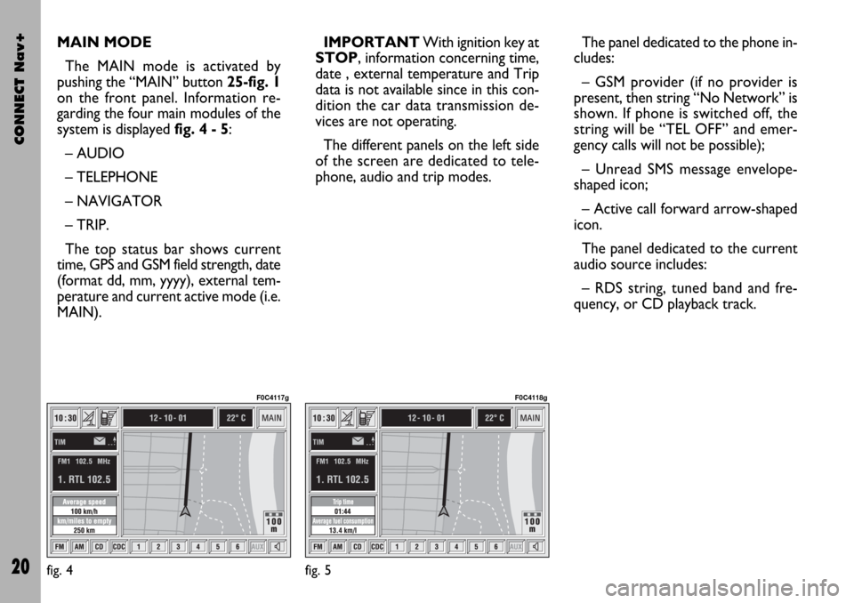 FIAT STILO 2004 1.G Connect NavPlus Manual CONNECT Nav+
20
MAIN MODE
The MAIN mode is activated by
pushing the “MAIN” button 25-fig. 1
on the front panel. Information re-
garding the four main modules of the
system is displayed fig. 4 - 5:
