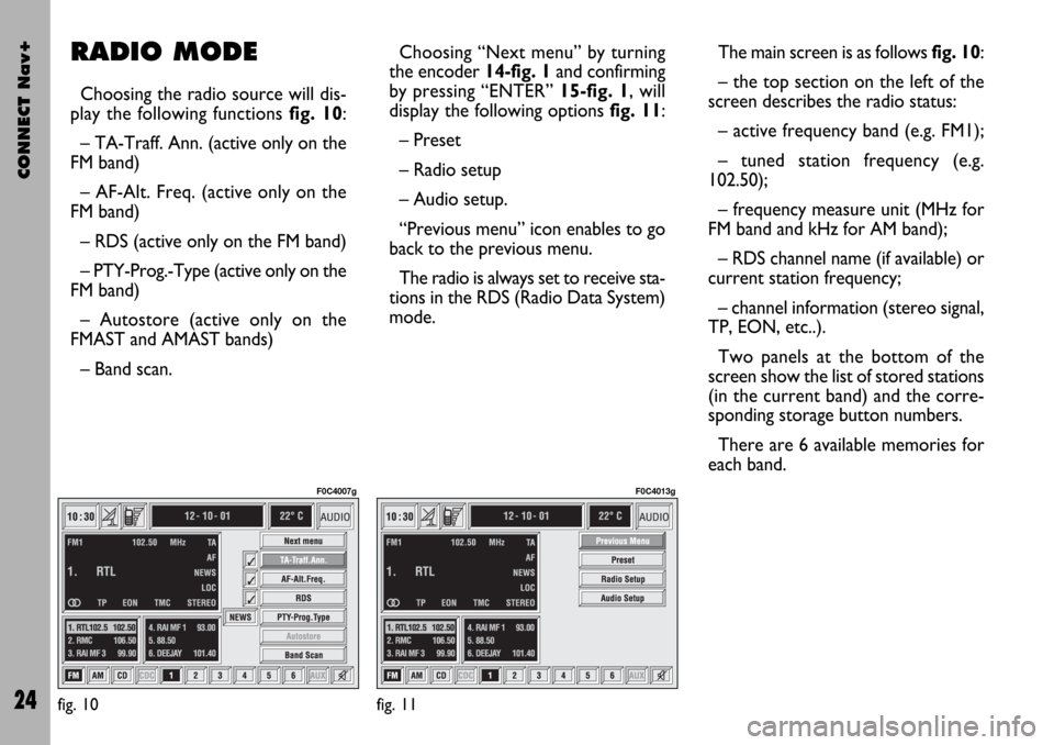 FIAT STILO 2004 1.G Connect NavPlus Manual CONNECT Nav+
24
The main screen is as follows fig. 10:
– the top section on the left of the
screen describes the radio status:
– active frequency band (e.g. FM1);
– tuned station frequency (e.g.