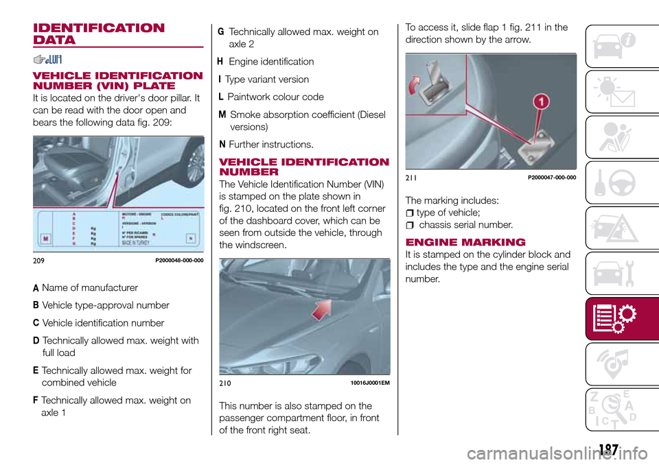 FIAT TIPO 5DOORS STATION WAGON 2017 1.G Owners Manual IDENTIFICATION
DATA
VEHICLE IDENTIFICATION
NUMBER (VIN) PLATE
It is located on the drivers door pillar. It
can be read with the door open and
bears the following data fig. 209:
AName of manufacturer
FIAT TIPO 5DOORS STATION WAGON 2017 1.G Owners Manual IDENTIFICATION
DATA
VEHICLE IDENTIFICATION
NUMBER (VIN) PLATE
It is located on the drivers door pillar. It
can be read with the door open and
bears the following data fig. 209:
AName of manufacturer