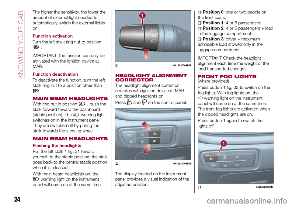 FIAT TIPO 5DOORS STATION WAGON 2017 1.G Owners Manual The higher the sensitivity, the lower the
amount of external light needed to
automatically switch the external lights
on.
Function activation
Turn the left stalk ring nut to position
.
IMPORTANT The f FIAT TIPO 5DOORS STATION WAGON 2017 1.G Owners Manual The higher the sensitivity, the lower the
amount of external light needed to
automatically switch the external lights
on.
Function activation
Turn the left stalk ring nut to position
.
IMPORTANT The f