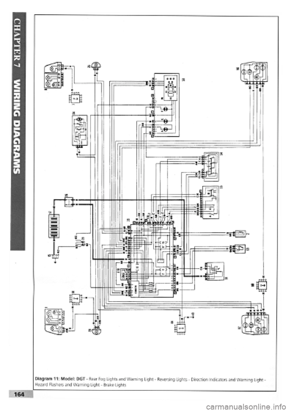FIAT TEMPRA 1988  Service And Repair Manual 
Diagram 11: Model: DGT
 -
 Rear Fog Lights and Warning Light
 -
 Reversing Lights
 -
 Direction Indicators and Warning Light
 -

Hazard Flashers and Warning Light
 -
 Brake Lights  