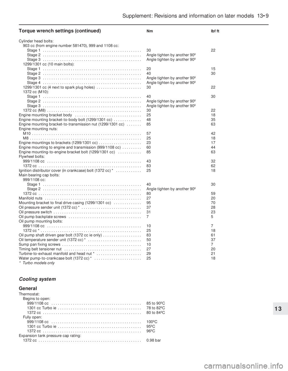 FIAT UNO 1983  Service Repair Manual Torque wrench settings (continued)Nm lbf ft
Cylinder head bolts:
903 cc (from engine number 581470), 999 and 1108 cc:
Stage 1  . . . . . . . . . . . . . . . . . . . . . . . . . . . . . . . . . . . . .