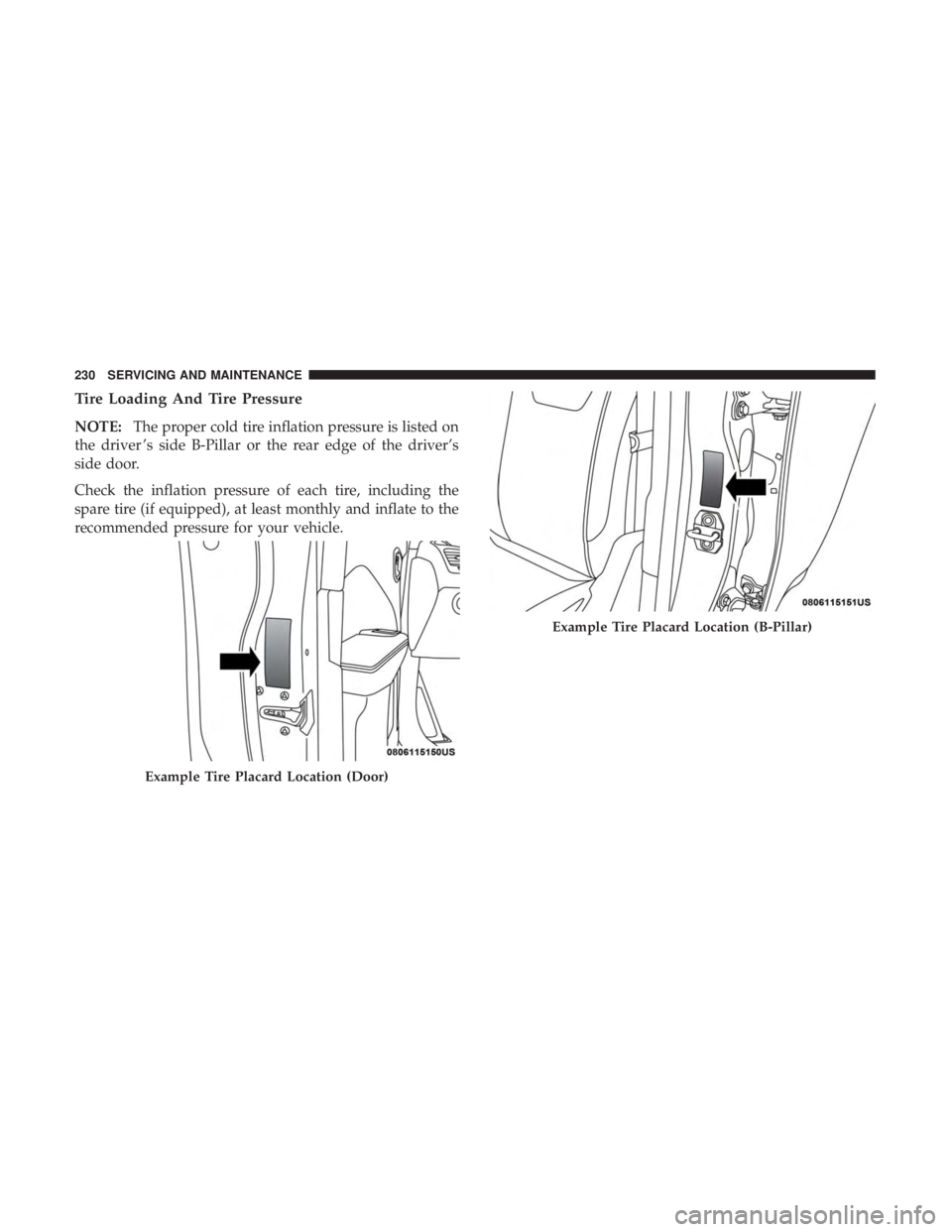 FIAT 500E 2019  Owners Manual Tire Loading And Tire Pressure
NOTE:The proper cold tire inflation pressure is listed on
the driver ’s side B-Pillar or the rear edge of the driver’s
side door.
Check the inflation pressure of eac