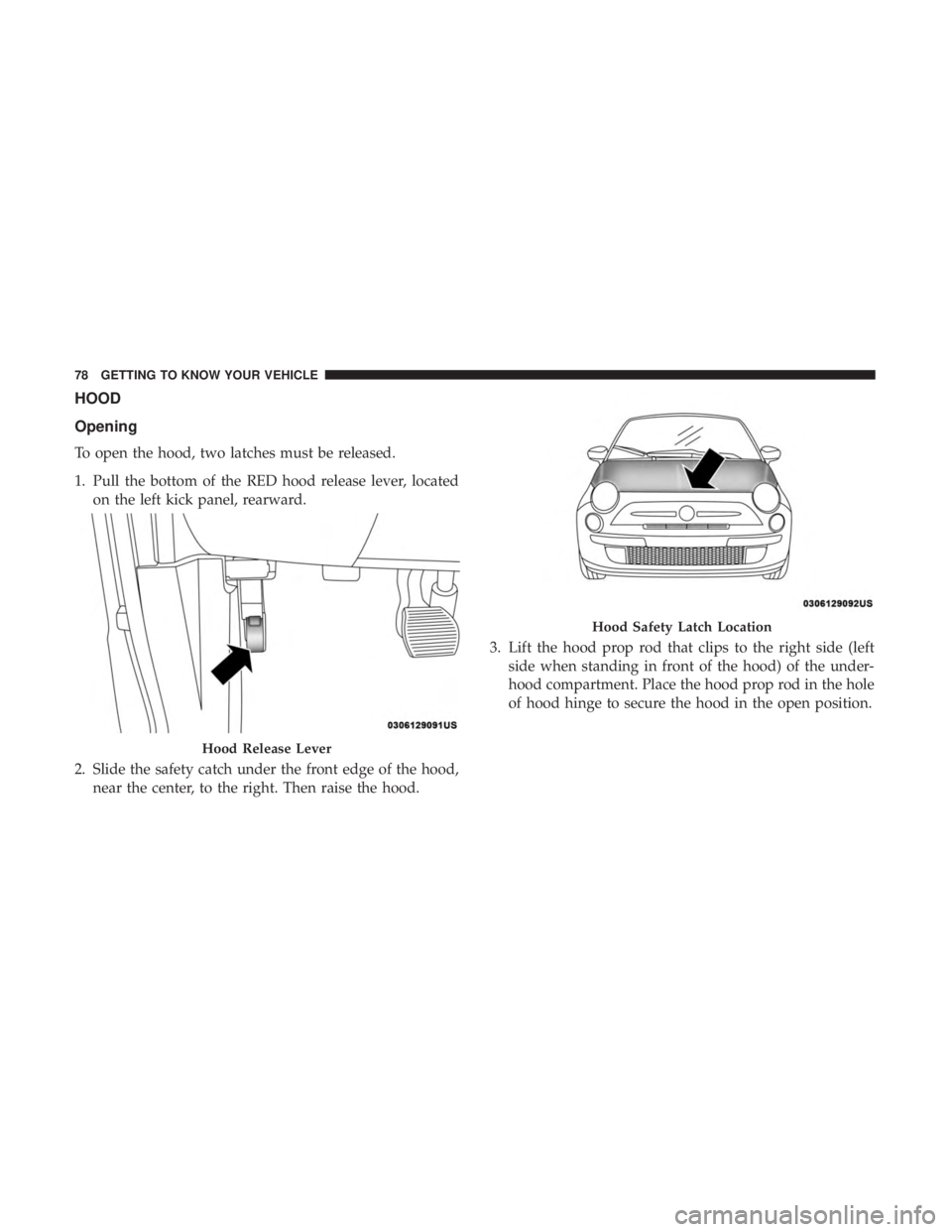 FIAT 500E 2019  Owners Manual HOOD
Opening
To open the hood, two latches must be released.
1. Pull the bottom of the RED hood release lever, locatedon the left kick panel, rearward.
2. Slide the safety catch under the front edge o