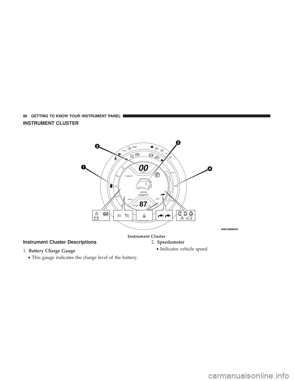 FIAT 500E 2019  Owners Manual INSTRUMENT CLUSTER
Instrument Cluster Descriptions
1.Battery Charge Gauge
• This gauge indicates the charge level of the battery. 2.
Speedometer
• Indicates vehicle speed.
Instrument Cluster
86 GE