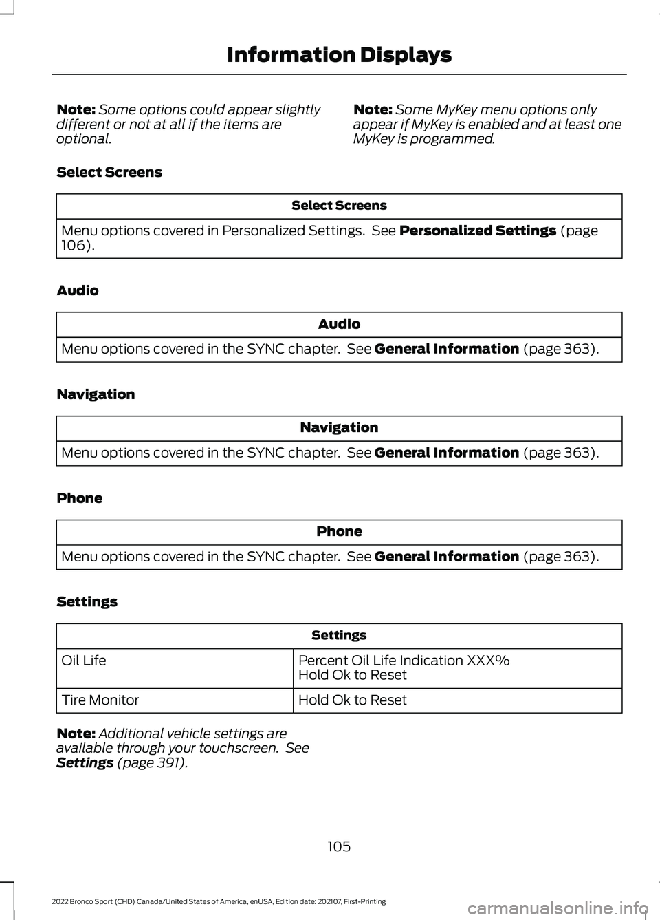 FORD BRONCO SPORT 2022  Owners Manual Note:
Some options could appear slightly
different or not at all if the items are
optional. Note:
Some MyKey menu options only
appear if MyKey is enabled and at least one
MyKey is programmed.
Select S