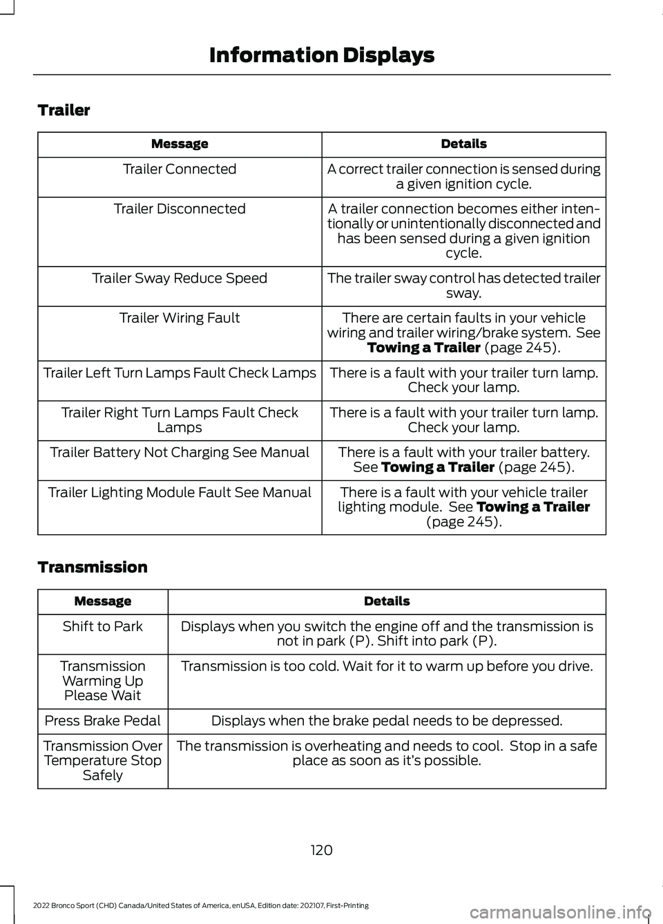 FORD BRONCO SPORT 2022  Owners Manual Trailer
Details
Message
A correct trailer connection is sensed duringa given ignition cycle.
Trailer Connected
A trailer connection becomes either inten-
tionally or unintentionally disconnected and h