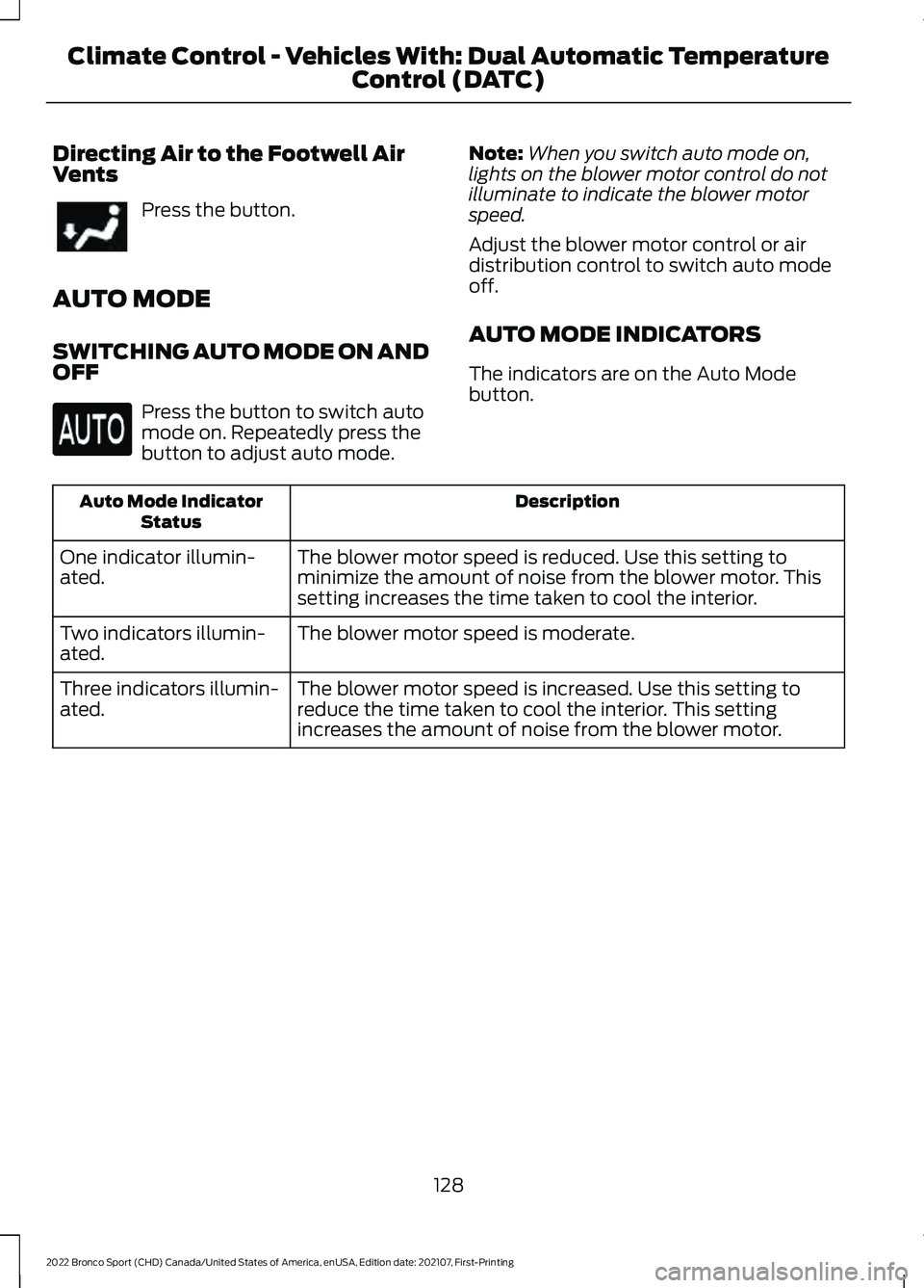 FORD BRONCO SPORT 2022  Owners Manual Directing Air to the Footwell Air
Vents
Press the button.
AUTO MODE
SWITCHING AUTO MODE ON AND
OFF Press the button to switch auto
mode on. Repeatedly press the
button to adjust auto mode.
Note:
When 
